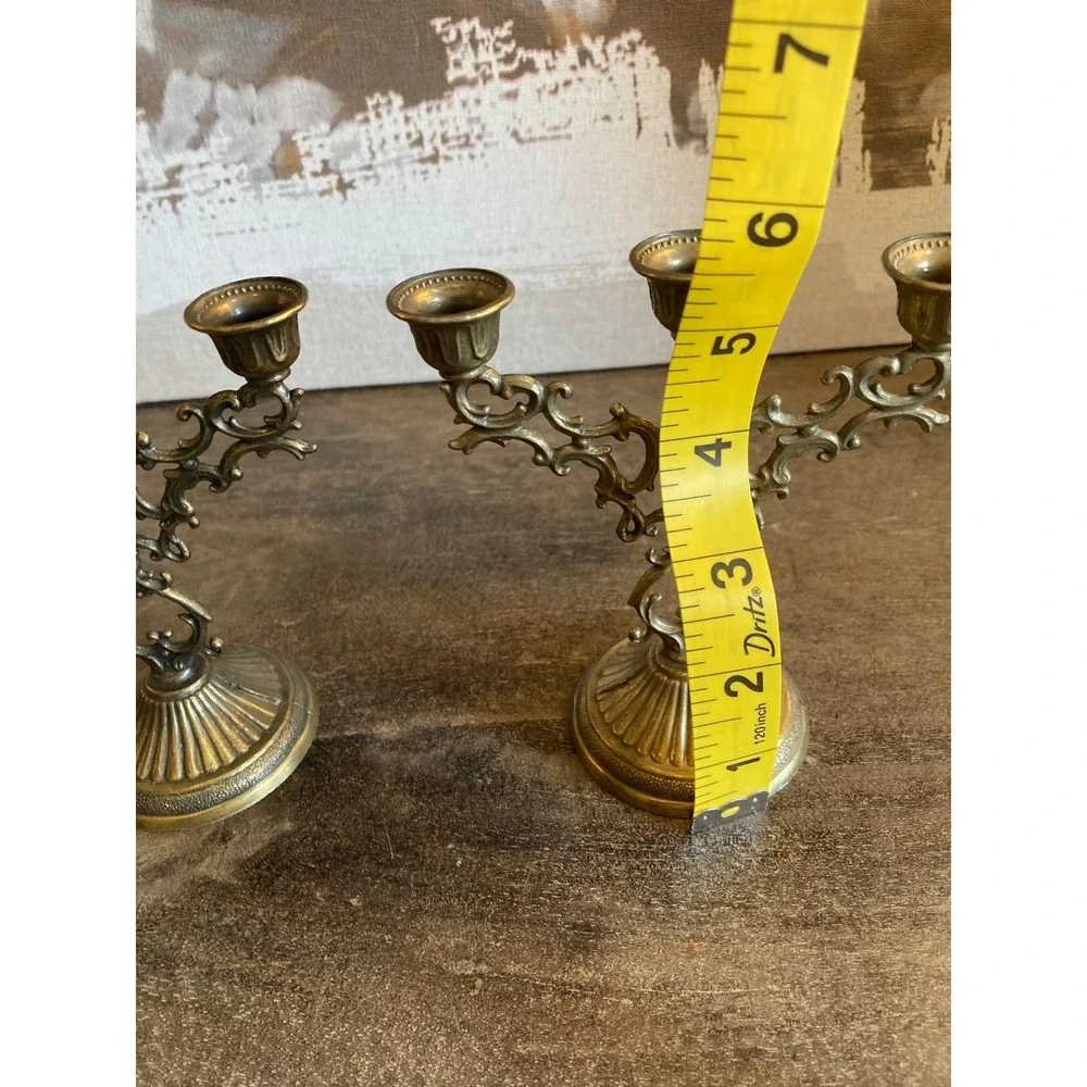 Vintage Brass 3 Arm Candelabra Pair Scroll French Baroque Taper Holders 6in